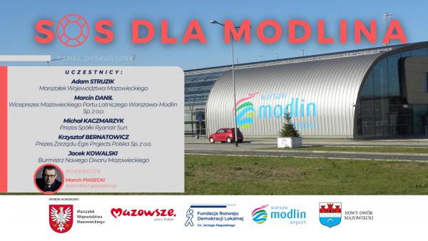 Na tle Mazowieckiego Portu Lotniczego Warszawa-Modlin napis SOS dla Modlina, lista uczestników konferencji oraz loga organizatorów.