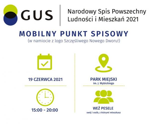 Mobilny Punkt Spisowy (w namiocie z Logo Szczęśliwego Nowego Dworu!) Park Miejski im. J. Wybickiego - sobota, 19 czerwca 2021 - godz. 15:00 – 20:00.