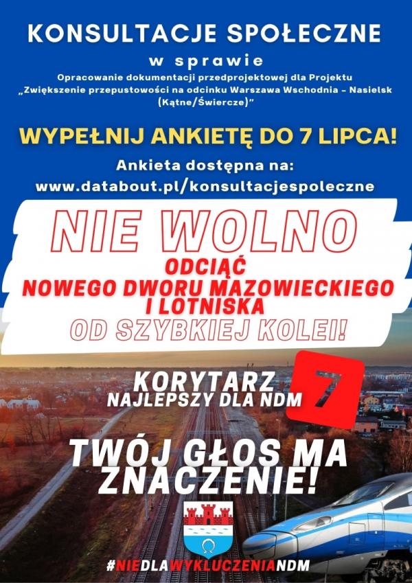 Konsultacje społeczne w sprawie opracowania dokumentacji przedprojektowej dla Projektu „Zwiększenie przepustowości na odcinku Warszawa Wschodnia – Nasielsk (Kątne/Świercze)”. Wypełnij ankietę dostępną na www.databout.pl/konsultacjespoleczne do 7 lipca!