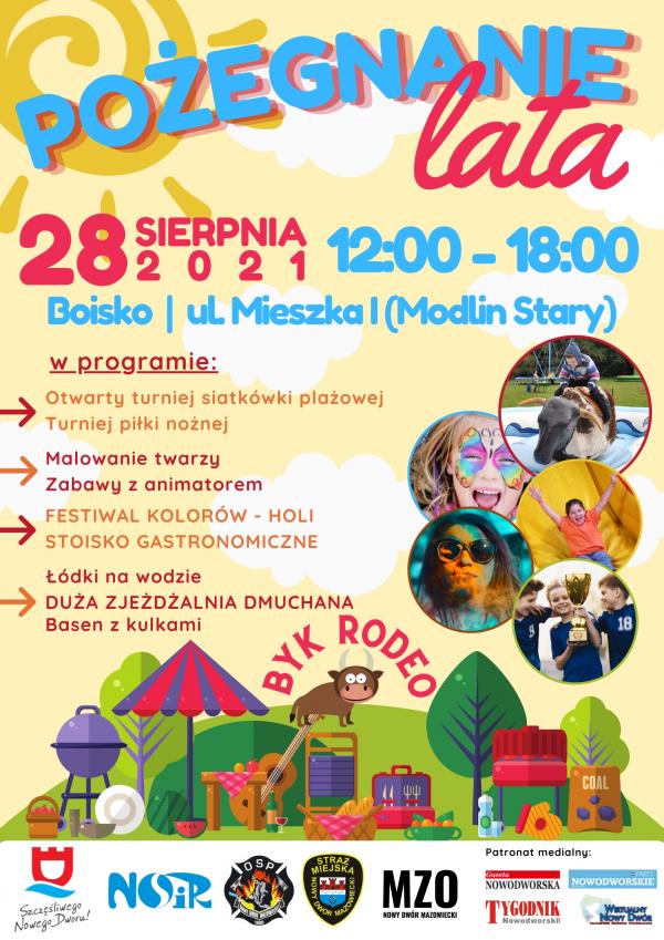 28 sierpnia 2021 r. w godz. od 12:00 do 18:00 na boisku przy ul. Mieszka I w Nowym Dworze Mazowieckim (Modlin Stary) odbędzie się piknik „Pożegnanie lata”.