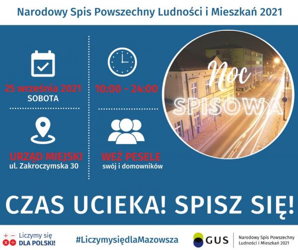 Narodowy Spis Powszechny Ludności i Mieszkań 2021. 25 września 2021 sobota, godz. 10:00-24:00, Urząd Miejski, ul. Zakroczymska 30. Weź PESELE swój i domowników. Czas ucieka! Spisz się!