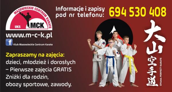 Uczniowski Klub Sportowy Mazowieckiego Centrum Karate w Nowym Dworze Mazowieckim zaprasza dzieci, młodzież i dorosłych na treningi karate. Informacje i zapisy pod numerem telefonu: 694 530 408.