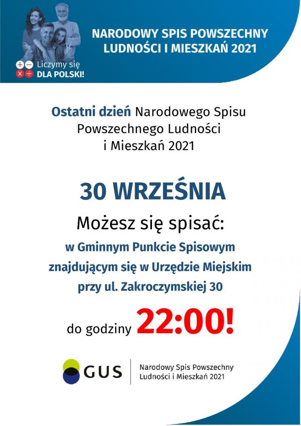 30 września ostatni dzień Narodowego Spisu Powszechnego Ludności i Mieszkań 2021. Możesz się spisać w Gminnym Punkcie Spisowym znajdującym się w Urzędzie Miejskim przy ul. Zakroczymskiej 30 do godz. 22:00.
