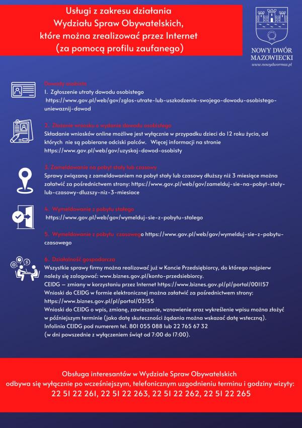 Usługi z zakresu działania Wydziału Spraw Obywatelskich, które można zrealizować  przez Internet ( za pomocą profilu zaufanego).