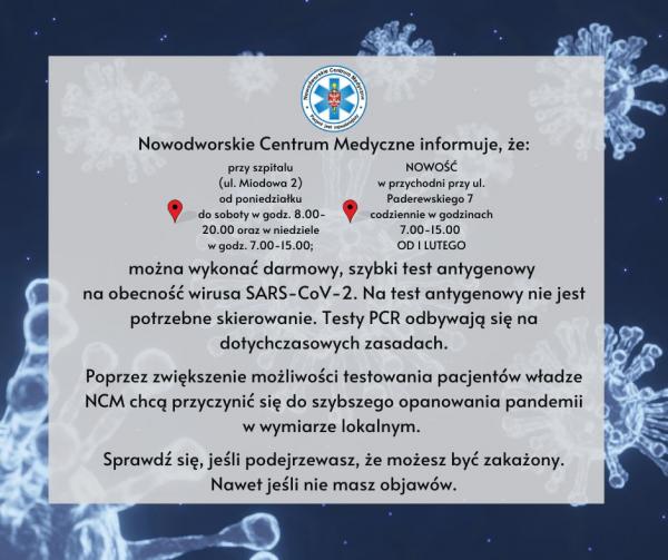 Bezpłatne badania  na obecność wirusa SARS-CoV-2 - infografika