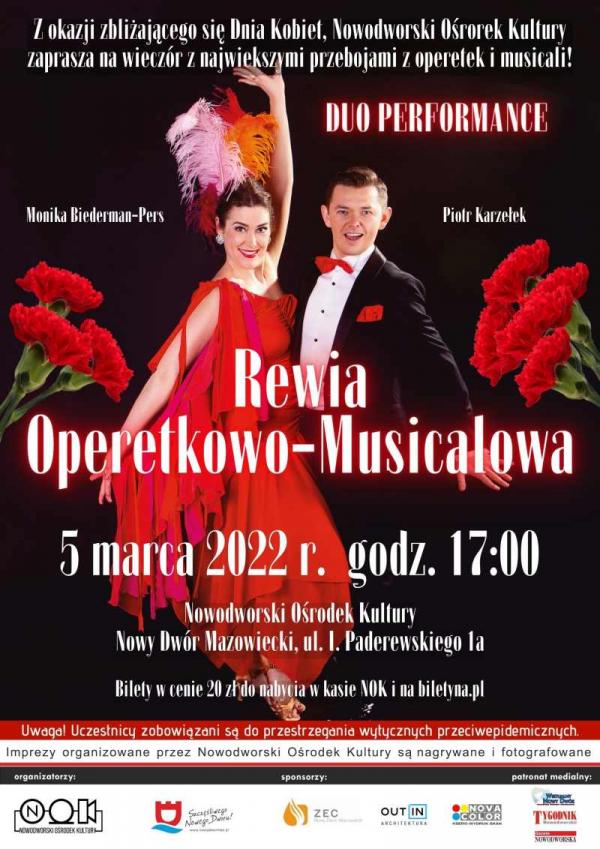 5.03.2022 r. o godz. 17:00 zapraszamy do Nowodworskiego Ośrodka Kultury na Rewię Operetkowo-Musicalową z okazji Dnia Kobiet.