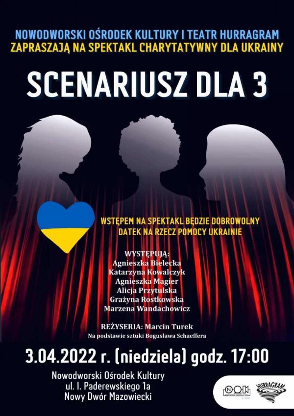 Nowodworski Ośrodek Kultury oraz Teatr Hurragram zapraszają 3.04.2022 r. o godz.17.00 na spektakl charytatywny dla Ukrainy „Scenariusz dla 3”.