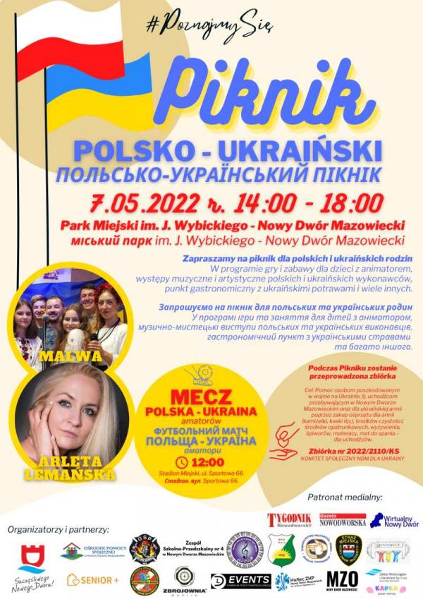 Piknik Polsko-Ukraiński „Poznajmy się”. 7.05.2022 r. w godz. 14:00-18:00. Park Miejski im. J. Wybickiego – Nowy Dwór Mazowiecki.
