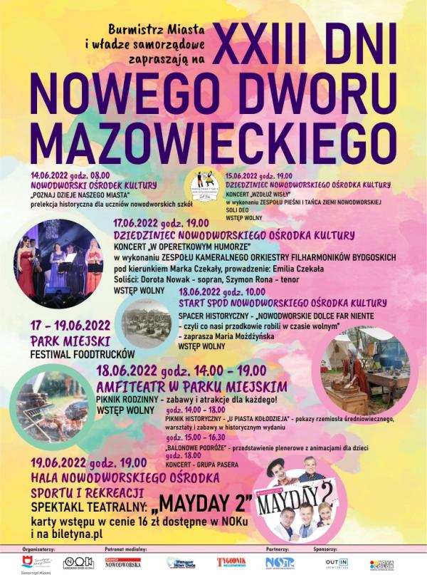 Burmistrz Miasta i władze samorządowe zapraszają na XXIII Dni Nowego Dworu Mazowieckiego. Szczegółowy program Dni na 14, 15 oraz 17-19.06.2022 r.