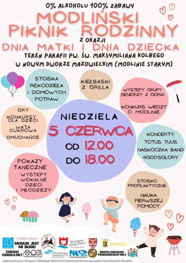 Niedziela 5 czerwca od 12:00 do 18:00 Modliński Piknik Rodzinny z okazji Dnia Matki i Dnia Dziecka. Teren parafii pw. św. Maksymiliana Kolbego Modlinie Starym.