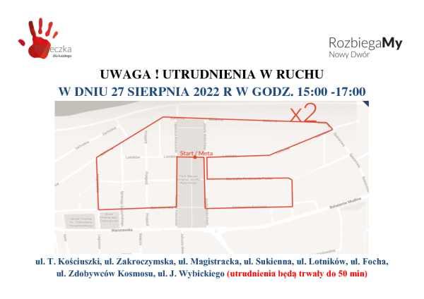 Mapka przedstawiająca utrudnienia w ruchu w dniu 27 sierpnia 2022 r. w godz. 15:00-17:00.