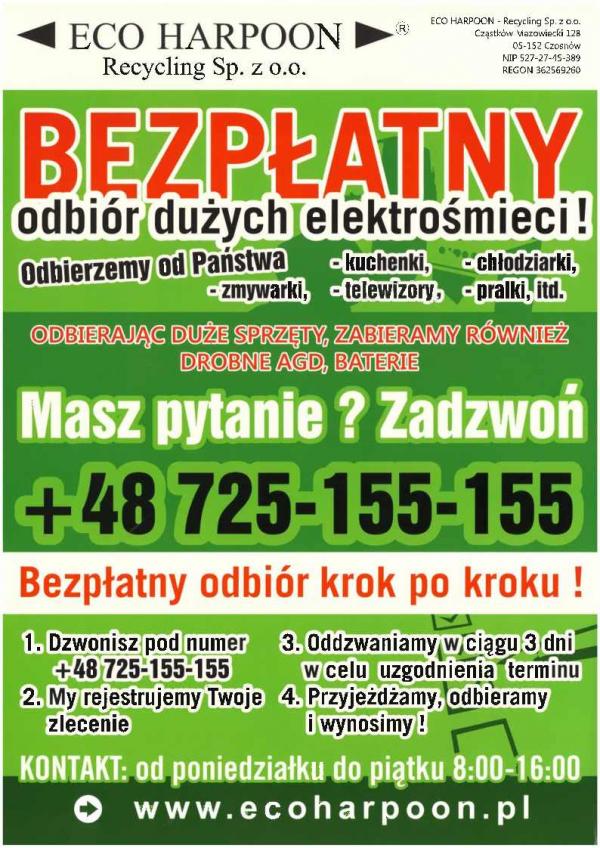 Czerwony, biały i czarny tekst na zielonym tle informujący o bezpłatnym odbiorze dużych elektrośmieci.