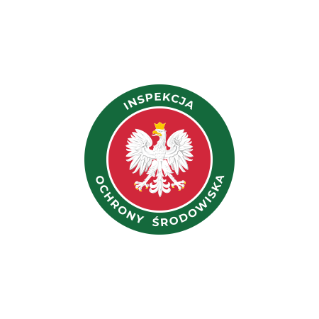 W czerwonym kole biały orzeł. Wokół koła na zielonym okręgu napis Inspekcja Ochrony Środowiska.