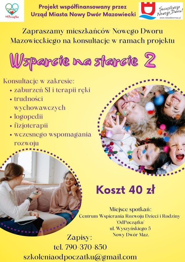 Na żółtym tle uśmiechnięta czwórka dzieci, obok kobieta mowiąca do nastolatki. Logo Centrum Wspierania Rozwoju Dzieci i Rodziny OdPoczątku oraz logo promocyjne miasta Nowy Dwór Mazowiecki.