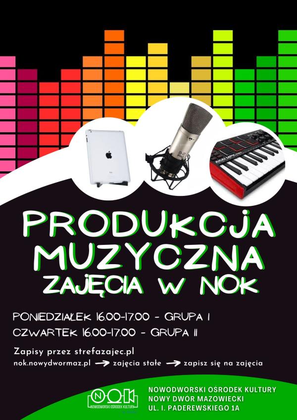 iPad, mikrofon, keyboard na białym tle. Kolorowe słupki equalizera na czrnym tle. Informacje dotyczące zajęć produkcji muzycznej w NOK-u.