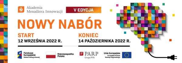 Nowy nabór do V edycji Akademii Menadżera Innowacji. Kształ mózgu z wielokolorowych kwadracików zakończony czarnym przewodem z wtyczką.
